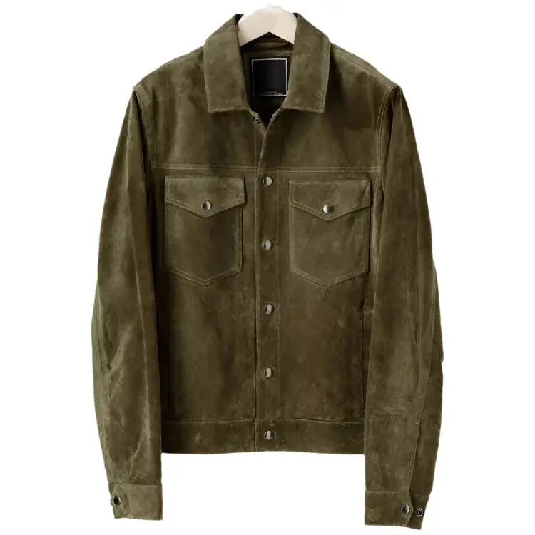 Olive Suede Leather Snap Shirt Jacket Mens - Riders Republic UK