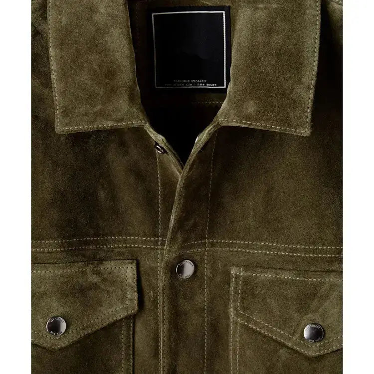Olive Suede Leather Snap Shirt Jacket Mens - Riders Republic UK