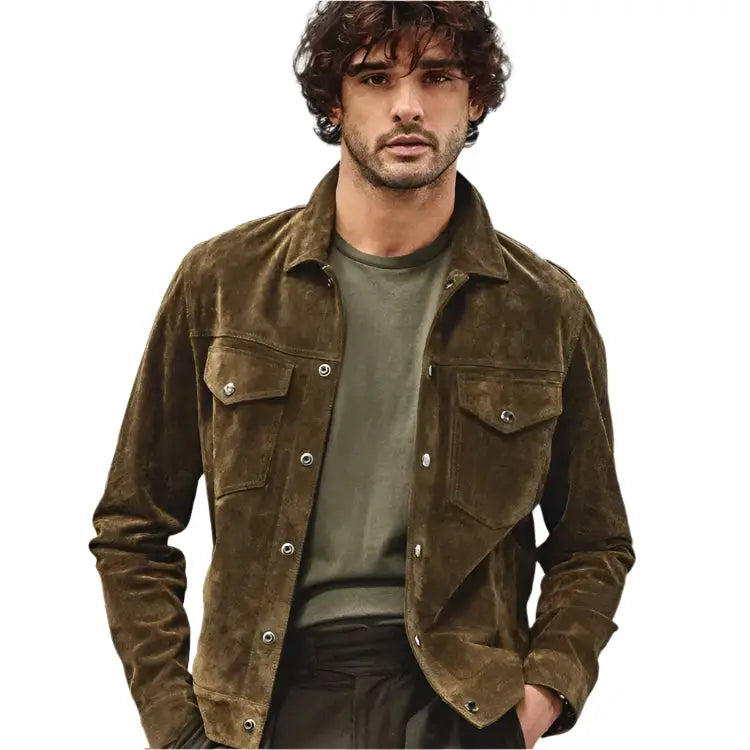 Olive Suede Leather Snap Shirt Jacket Mens - Riders Republic UK