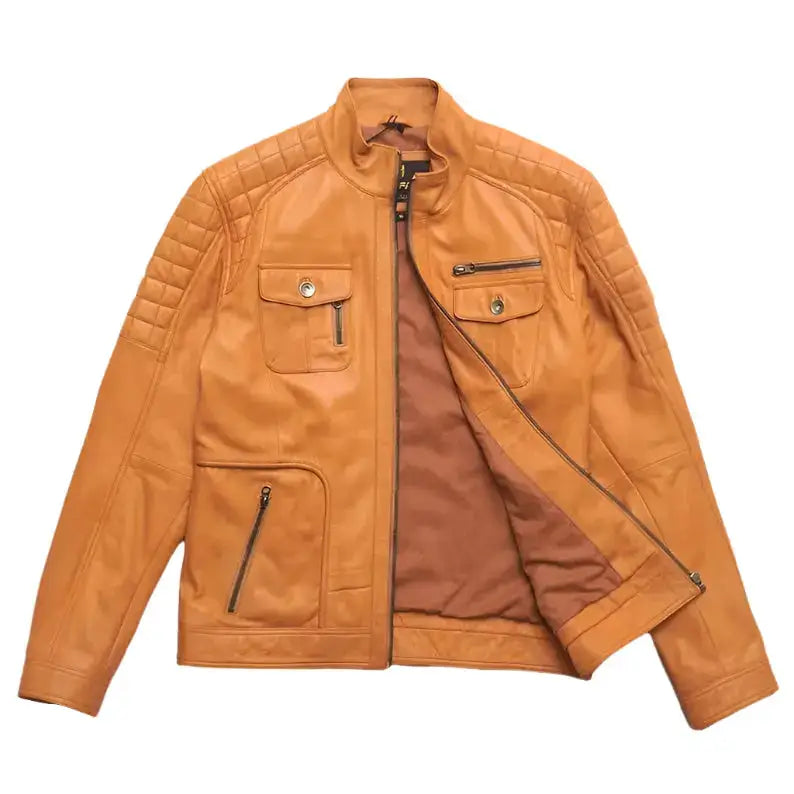 Orange Lamb Leather Biker Jacket Mens - Riders Republic UK