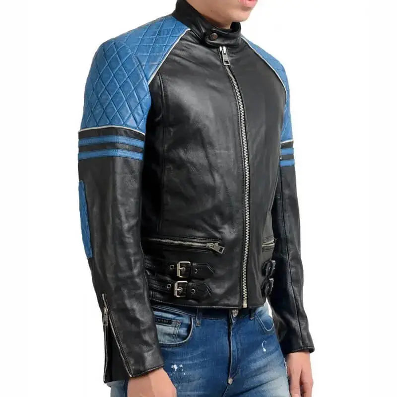 Mens Quilted Biker Black and Blue Leather Jacket - Riders Republic UK