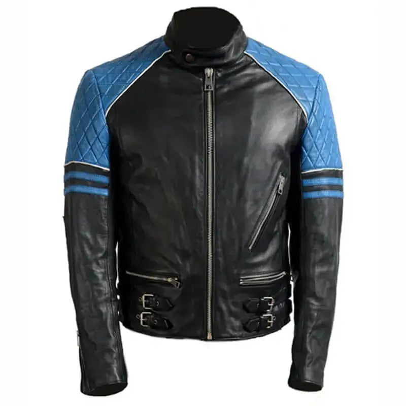 Mens Quilted Biker Black and Blue Leather Jacket - Riders Republic UK