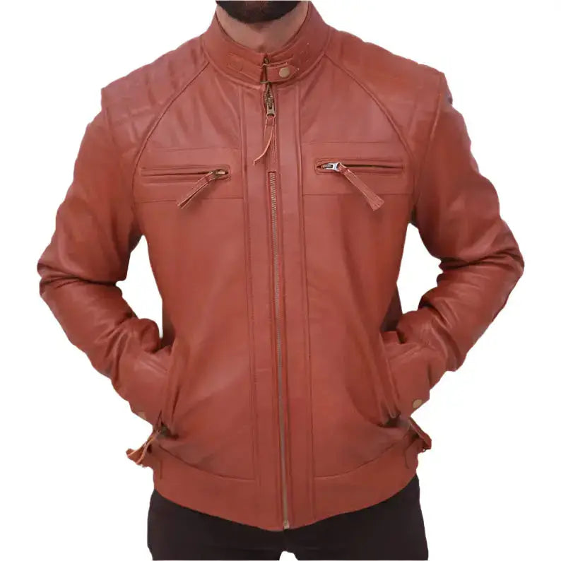 Mens Quilted Vintage Brown Leather Biker Jacket - Riders Republic UK