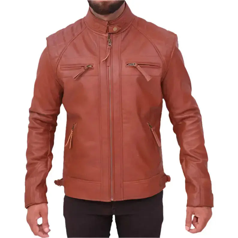 Mens Quilted Vintage Brown Leather Biker Jacket - Riders Republic UK