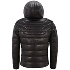 Real leather puffer jacket for men with hood and modern fit