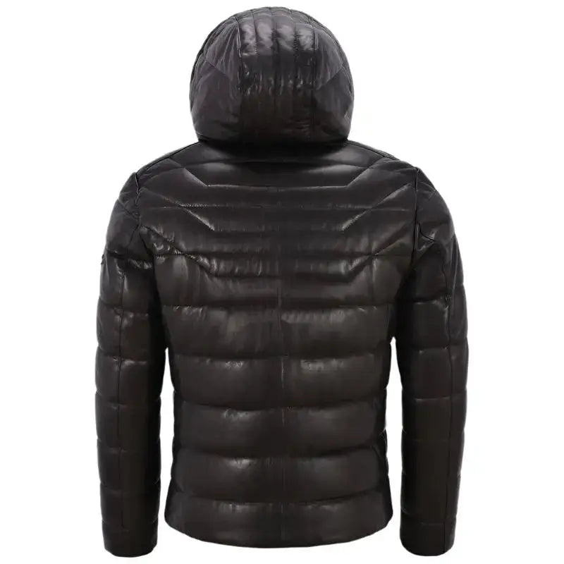 Real leather puffer jacket for men with hood and modern fit