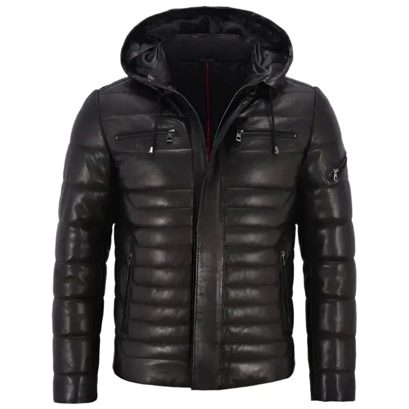 Men’s real leather puffer hooded jacket in black