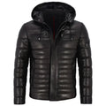 Men’s real leather puffer hooded jacket in black