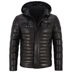 Men’s real leather puffer hooded jacket in black