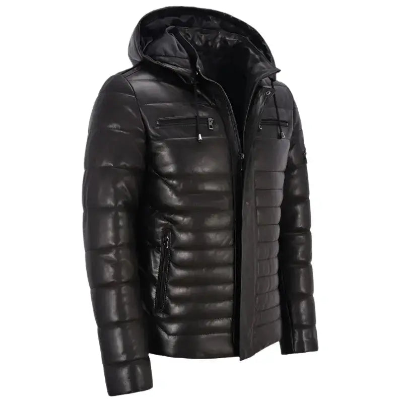 Men’s hooded leather puffer jacket with padded winter style