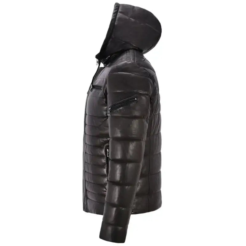 Men’s black leather puffer coat with hood for cold weather styling