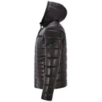 Men’s black leather puffer coat with hood for cold weather styling