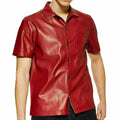 Men’s red lambskin leather half sleeve button up shirt with snap buttons and collared neckline