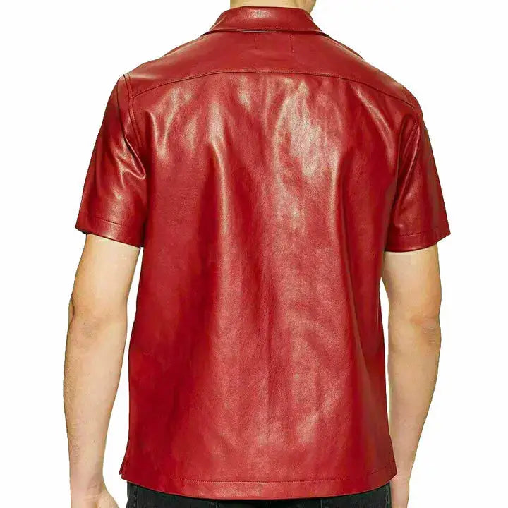 Men’s red lambskin leather half sleeve button up shirt with snap buttons and collared neckline
