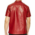 Men’s red lambskin leather half sleeve button up shirt with snap buttons and collared neckline
