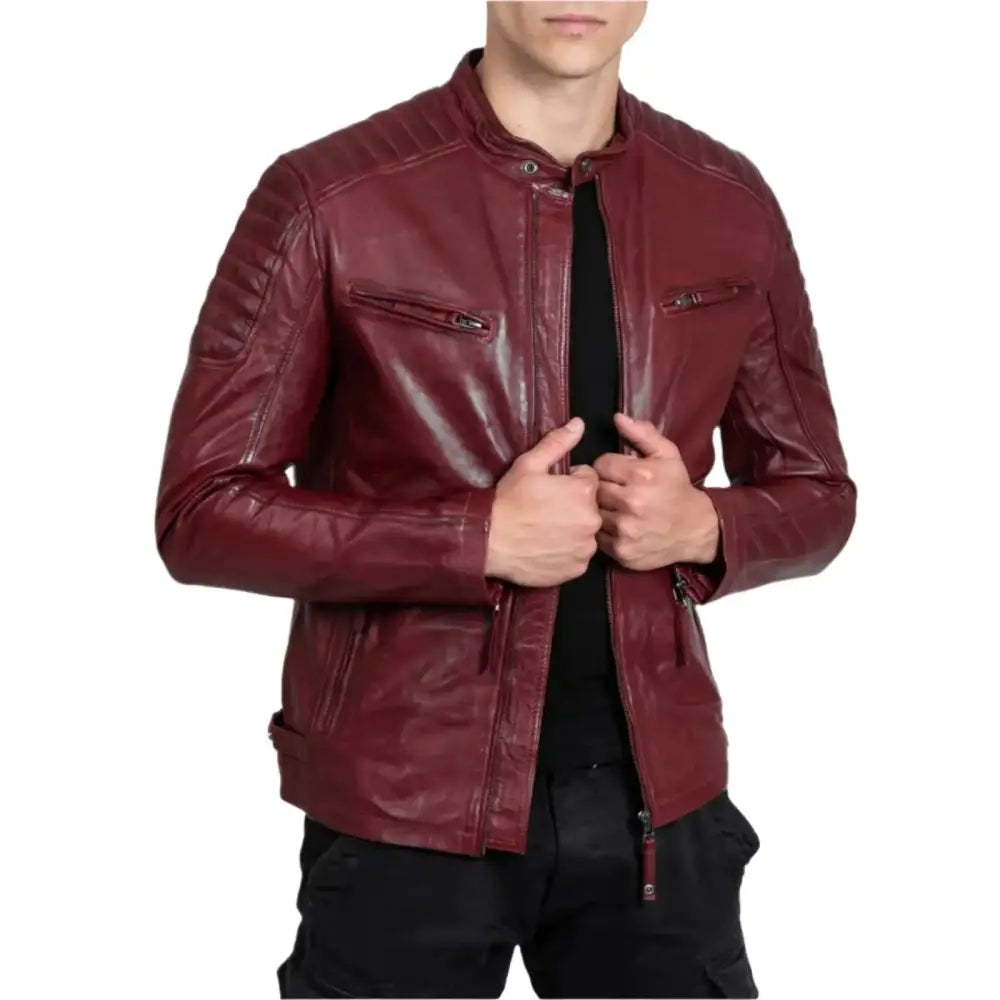 Mens Red Sheep Leather Biker Jacket - Riders Republic UK