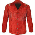 Red Leather Cowboy Fringe Jacket Mens - Riders Republic UK