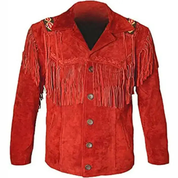 Red Leather Cowboy Fringe Jacket Mens - Riders Republic UK