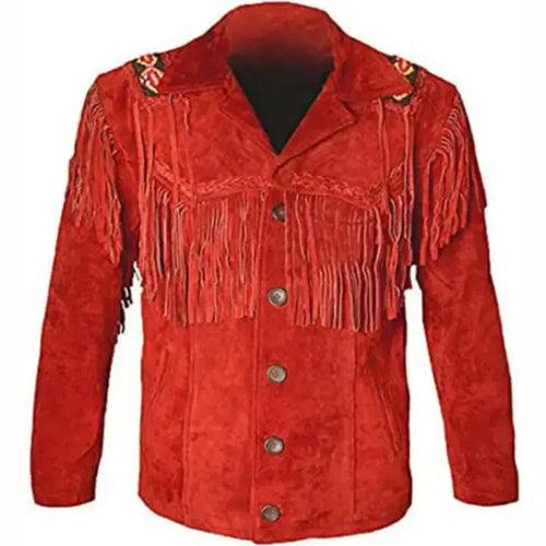 Red Leather Cowboy Fringe Jacket Mens - Riders Republic UK