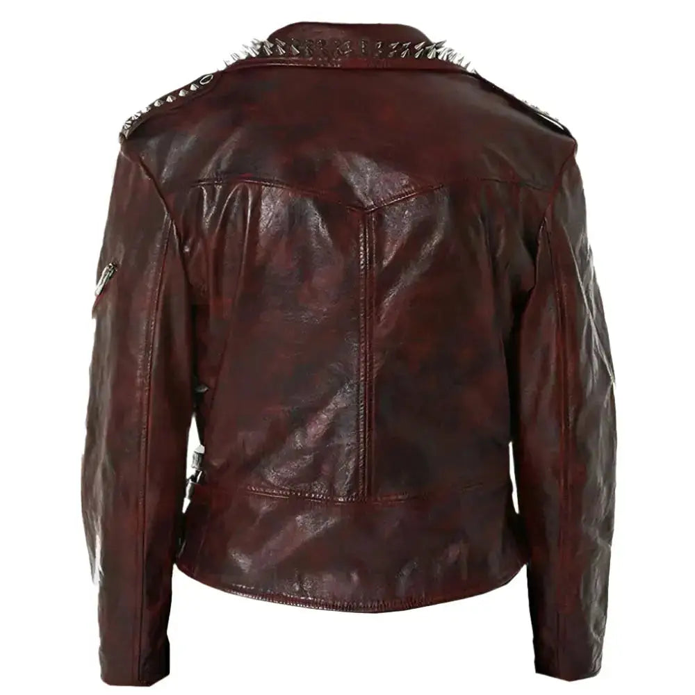 Mens Red Spiked Metallic Leather Jacket - Riders Republic UK