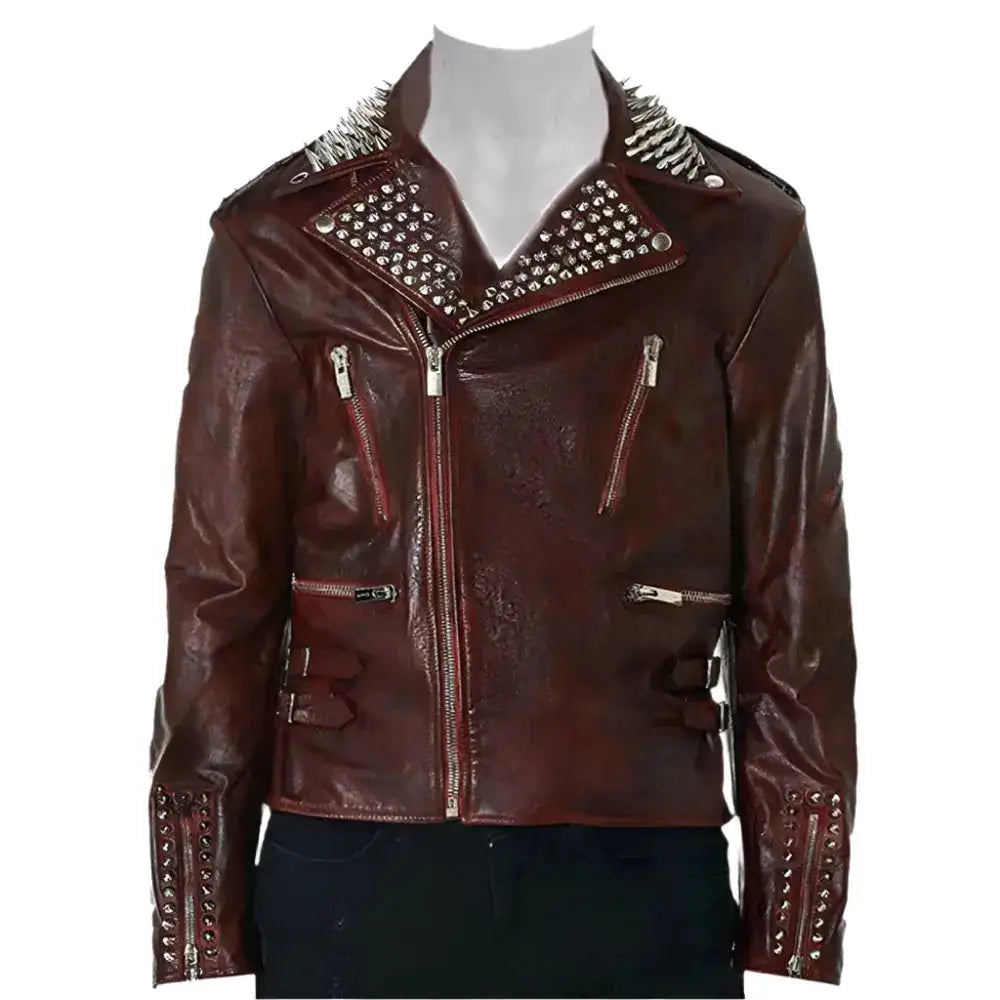 Mens Red Spiked Metallic Leather Jacket - Riders Republic UK