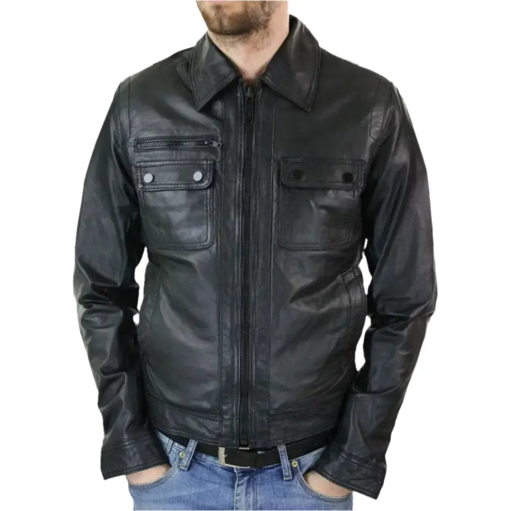 Mens Black Leather Vintage Slim Jacket - Riders Republic UK
