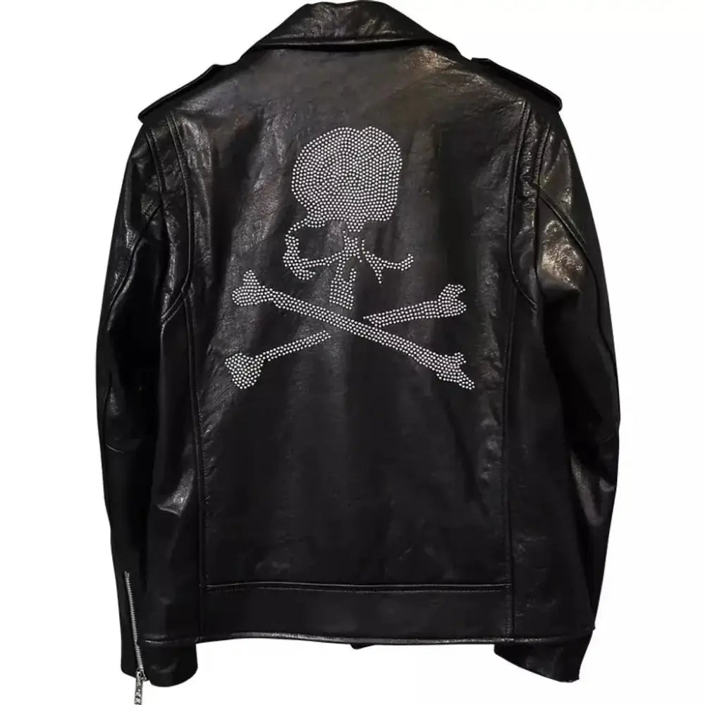 Rhinestone Skull Leather Biker Jacket - Riders Republic UK