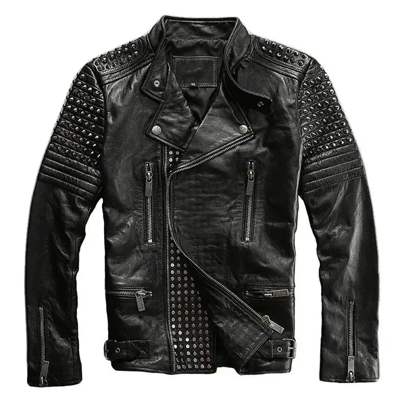 Men’s black spiked studded leather jacket in cowhide leather