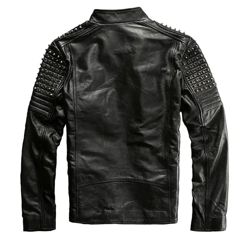 Black punk leather jacket for men with metal studs and spikes