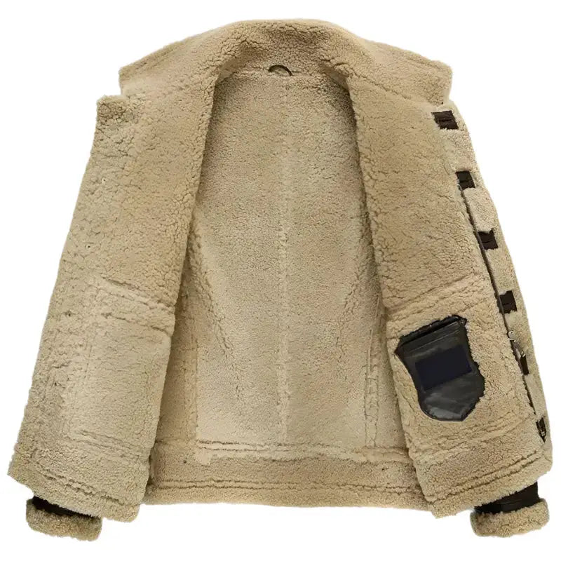 Men’s short shearling flight leather jacket with warm fur lining and pilot style