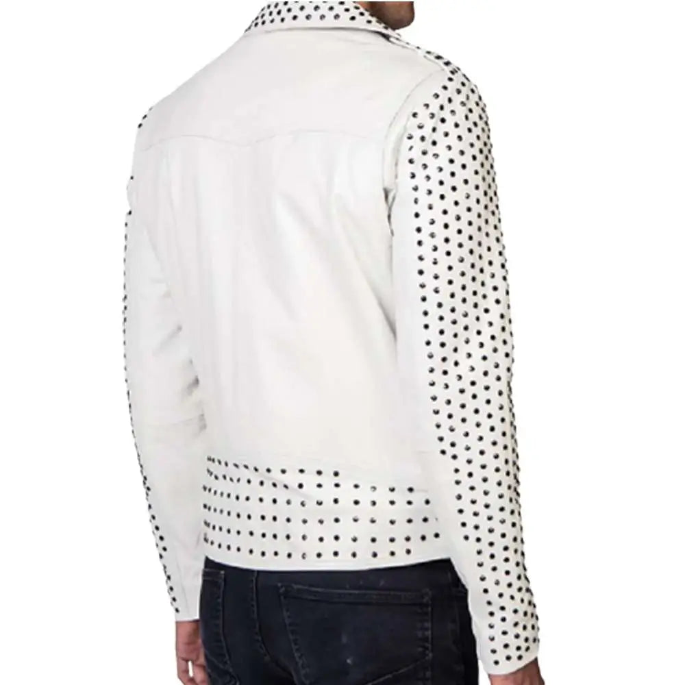 Mens Silver Studded White Biker Jacket - Riders Republic UK