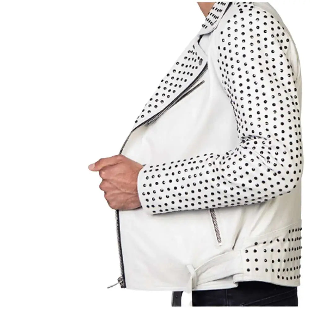 Mens Silver Studded White Biker Jacket - Riders Republic UK