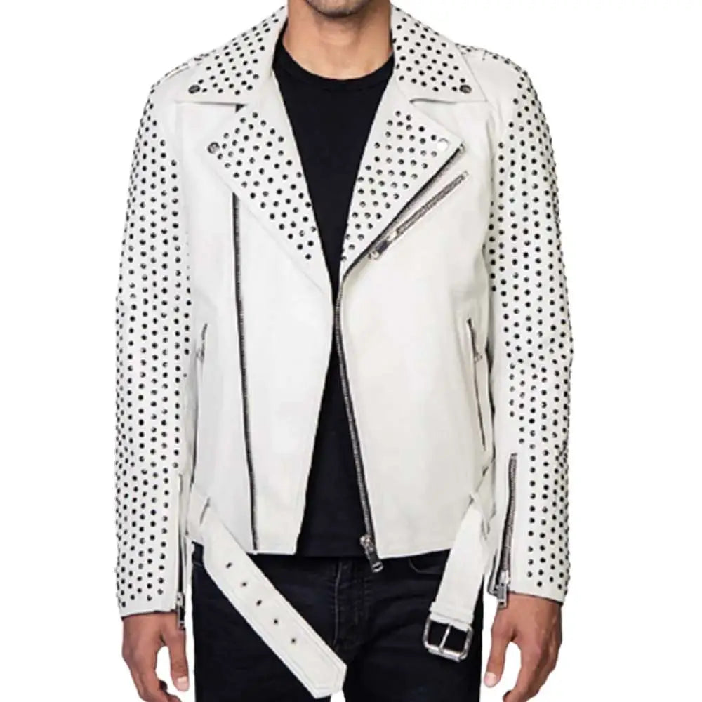 Mens Silver Studded White Biker Jacket - Riders Republic UK