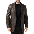 Brown single breasted leather blazer for men with lapel collar