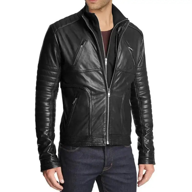 Mens Slim Fit Black Leather Biker Jacket - Riders Republic UK