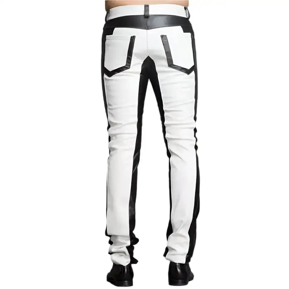 Black and white biker leather pants for men with slim fitted shape