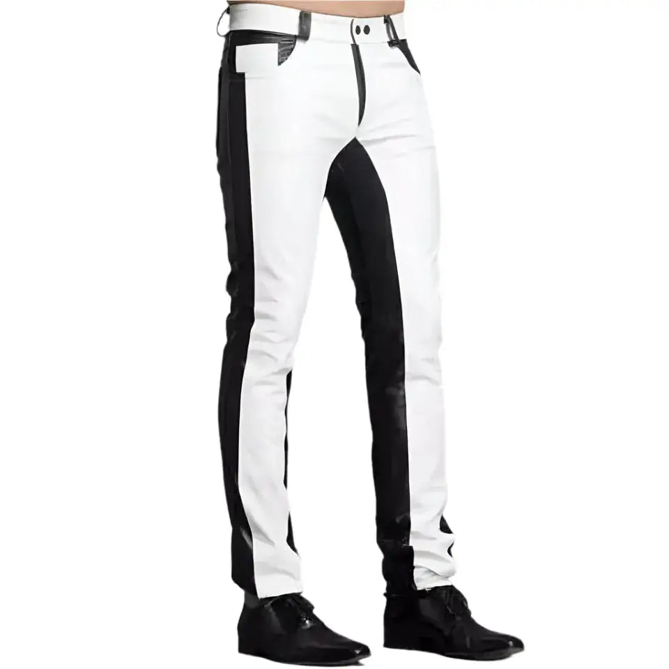 Men’s leather biker trousers styled with boots and jacket