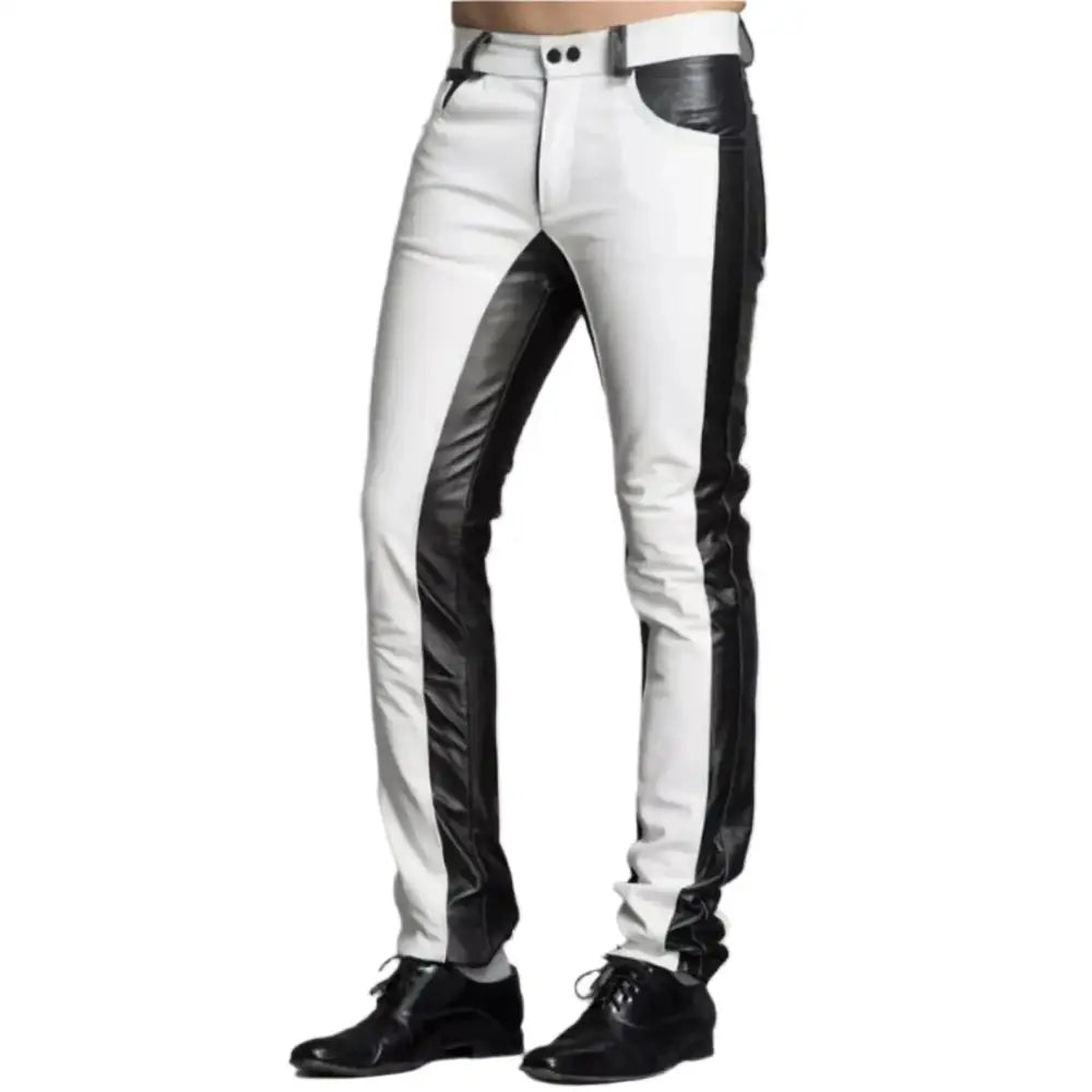Men’s slim fit leather biker pants in black and white genuine leather