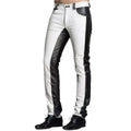 Men’s slim fit leather biker pants in black and white genuine leather