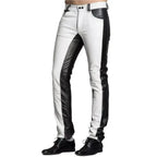 Men’s slim fit leather biker pants in black and white genuine leather