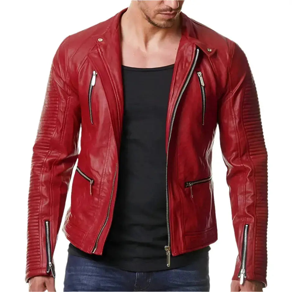 Mens Red Leather Slim Fit Biker Jacket - Riders Republic UK
