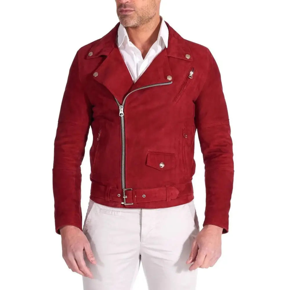 Red Suede Leather Biker Jacket Mens Slim Fit - Riders Republic UK