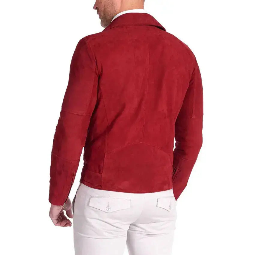 Red Suede Leather Biker Jacket Mens Slim Fit - Riders Republic UK