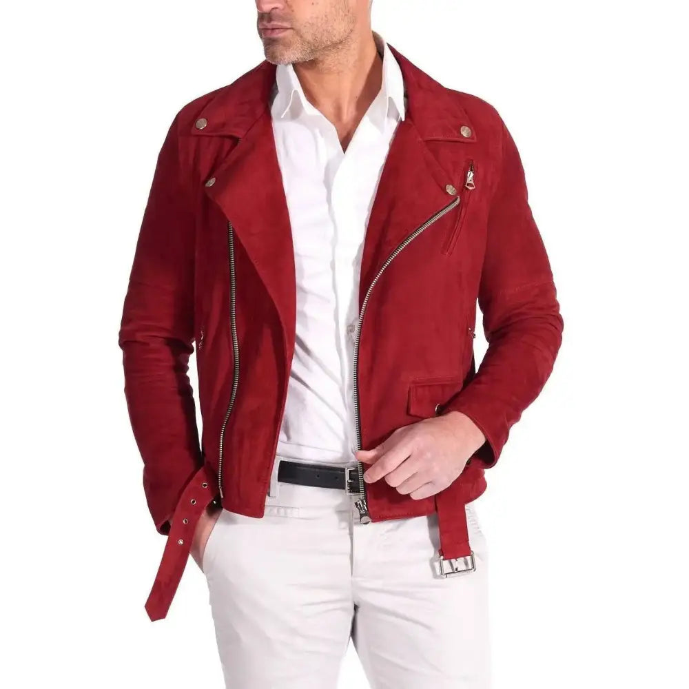 Red Suede Leather Biker Jacket Mens Slim Fit - Riders Republic UK
