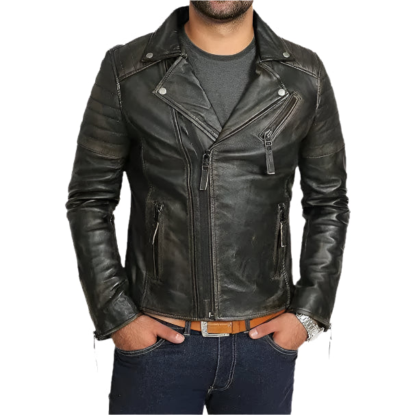 Mens Slim Fit Vintage Black Leather Biker Jacket - Riders Republic UK