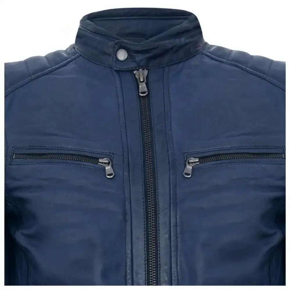 Mens Soft Blue Leather Biker Jacket - Riders Republic UK