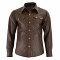 Men’s brown genuine leather slim fit button up shirt with stand collar, chest pockets and long sleeves