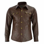 Men’s brown genuine leather slim fit button up shirt with stand collar, chest pockets and long sleeves
