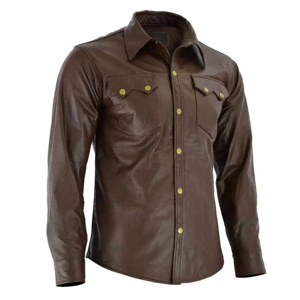Mens Soft Brown Leather Slim Fit Shirt - Riders Republic UK