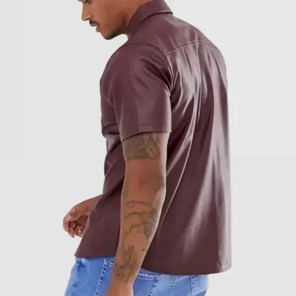Burgundy Leather Short Sleeve Shirt for Men - Riders Republic UK